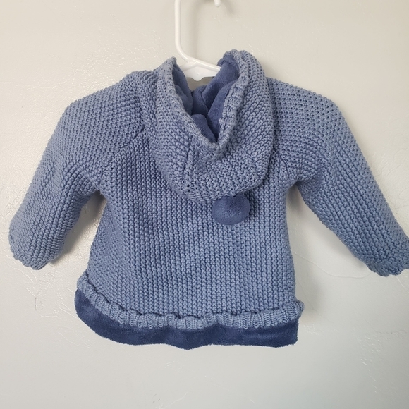 Mayoral Baby Girl 6-9 Months Blue Knit Sweater Cardigan Hooded Faux Fur Pom Pom - Picture 4 of 8